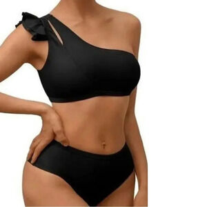 Athmile Bikini Set High Waisted One Shoulder Ruffle Black. Women’s size L